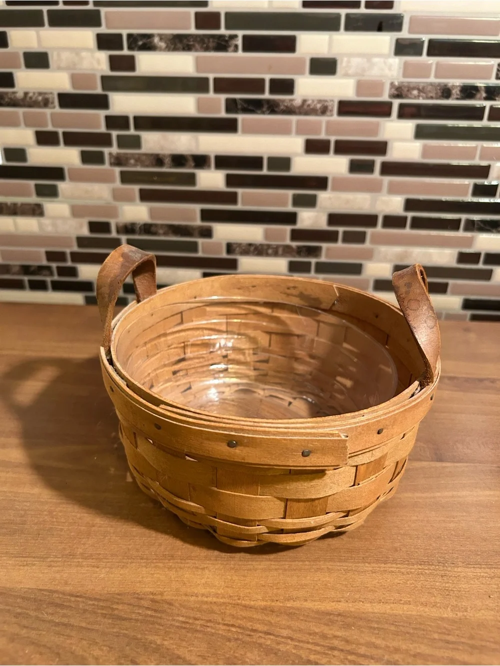 Vintage Round Longaberger Rustic Brown Woven Wood Basket with Handles
